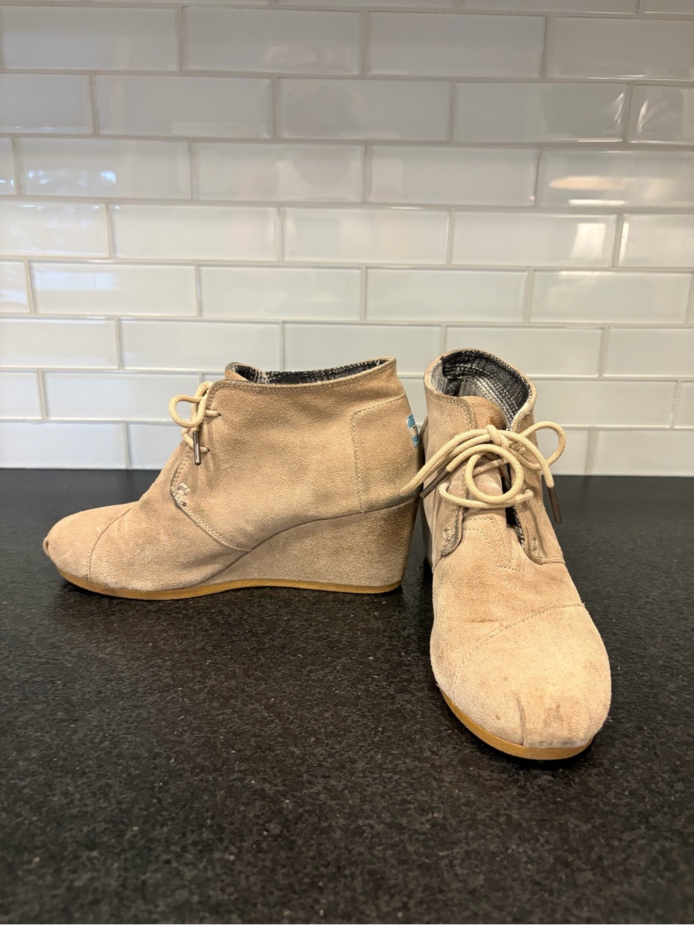 Toms Beige Suede Wedge Lace-Up Ankle Booties
